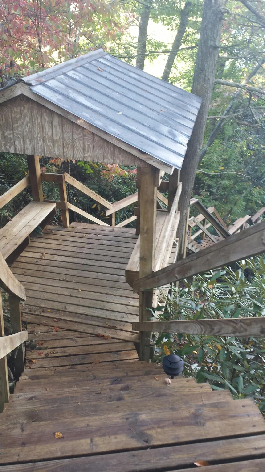 Metal roofed shelter over wooden steps on a wooded walkway — Skylight Repair & Installation work by our crew in Richards